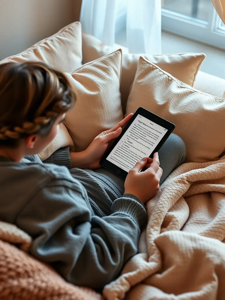 A person reading an e-book on a tablet in a cozy home setting.