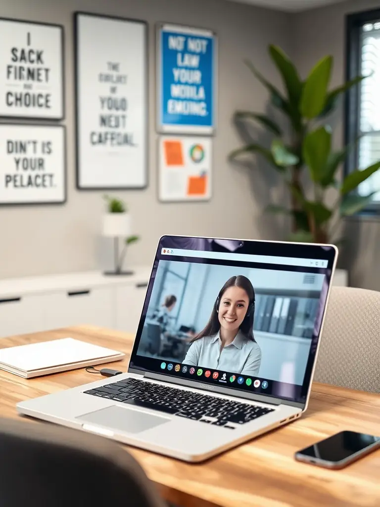 A business professional in a virtual meeting.