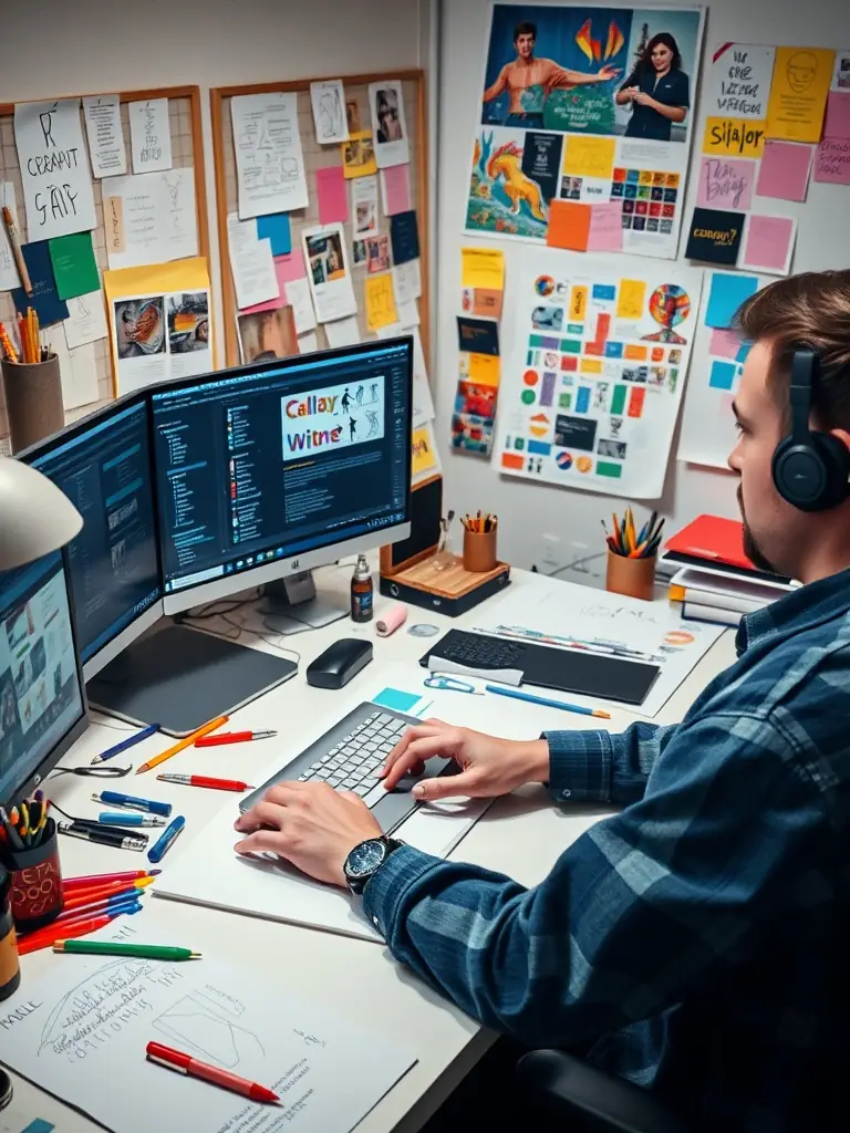 A designer using graphic design software in a creative workspace.